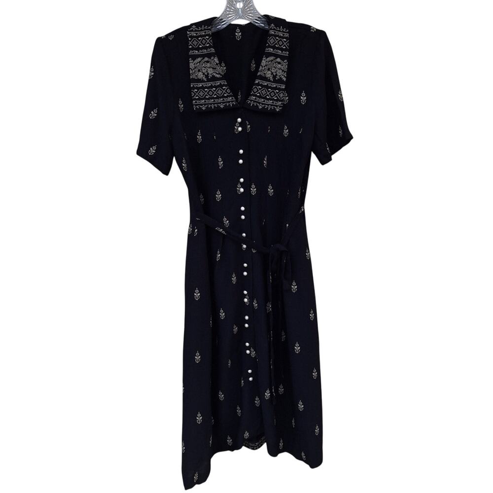 Vintage Retro Handmade Goth Black Collared Dress Full Button Front M Jacquard